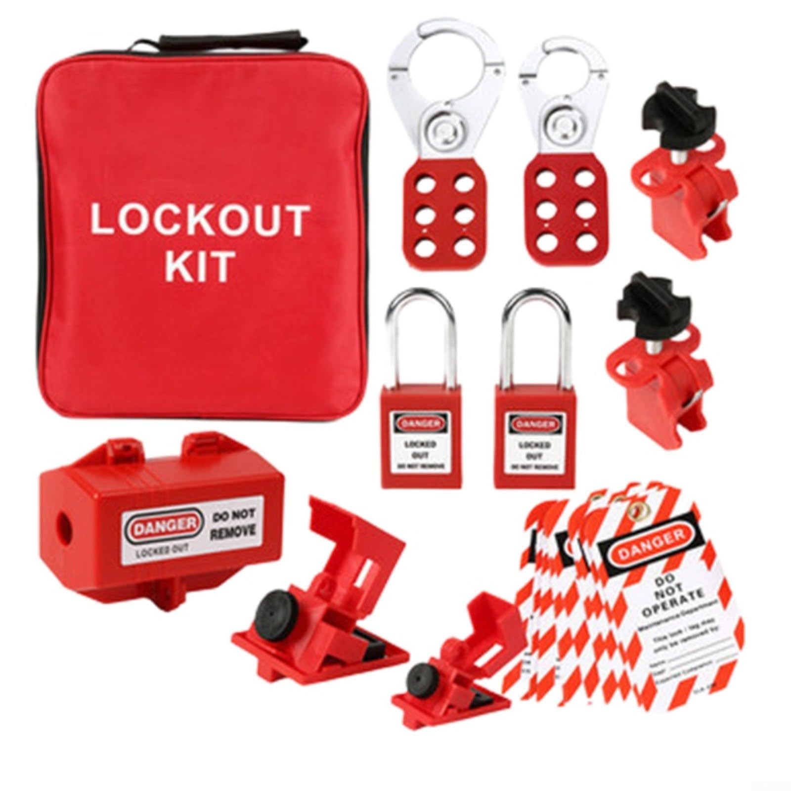 Kit de bloqueo de seguridad industrial para paneles eléctricos y válvulas, incluye etiquetas de cerraduras de disyuntor y candados, funda de tela roja