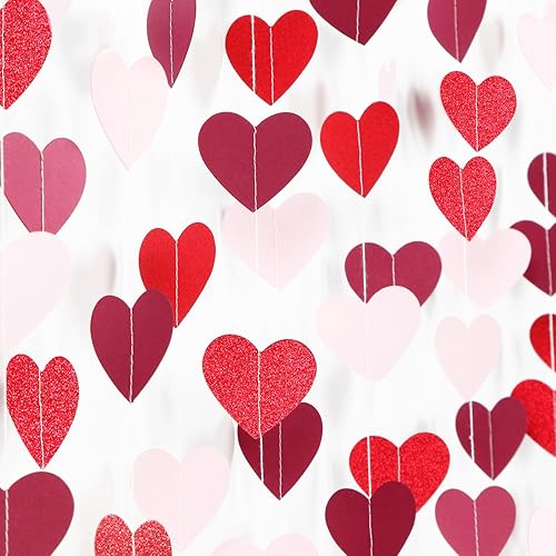 Guirnalda de corazones para fiesta de San Valentín, color rojo burdeos, 52 pies, con purpurina, serpentinas colgantes, para mujer, romántica noche