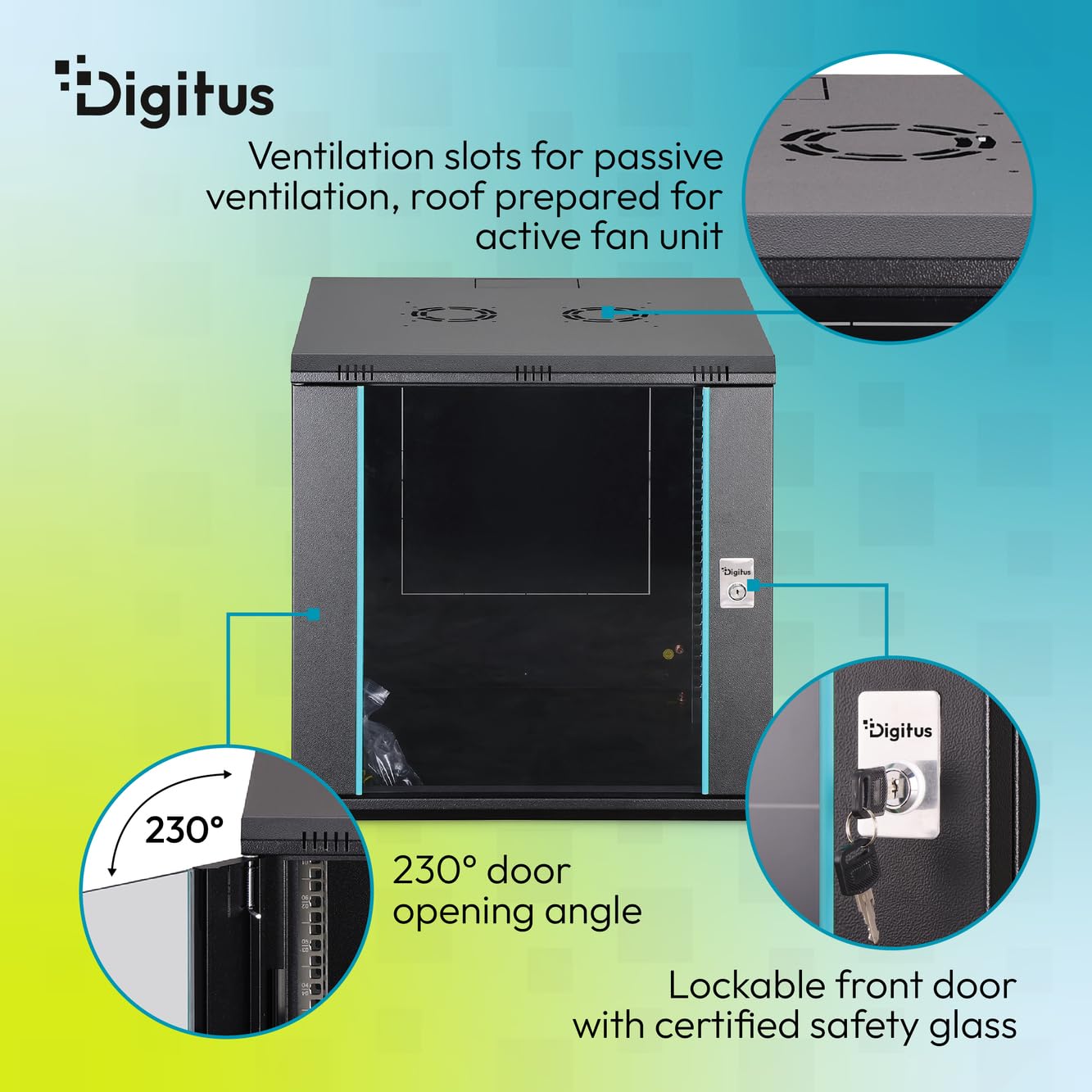 DIGITUS Szafa sieciowa – szafa 19-calowa 12U – niezmontowana – montaż na ścianie – głębokość 600 mm – głębokość użytkowa 470 mm – nośność 60 kg – szklane drzwi – seria Dynamic-N – czarna