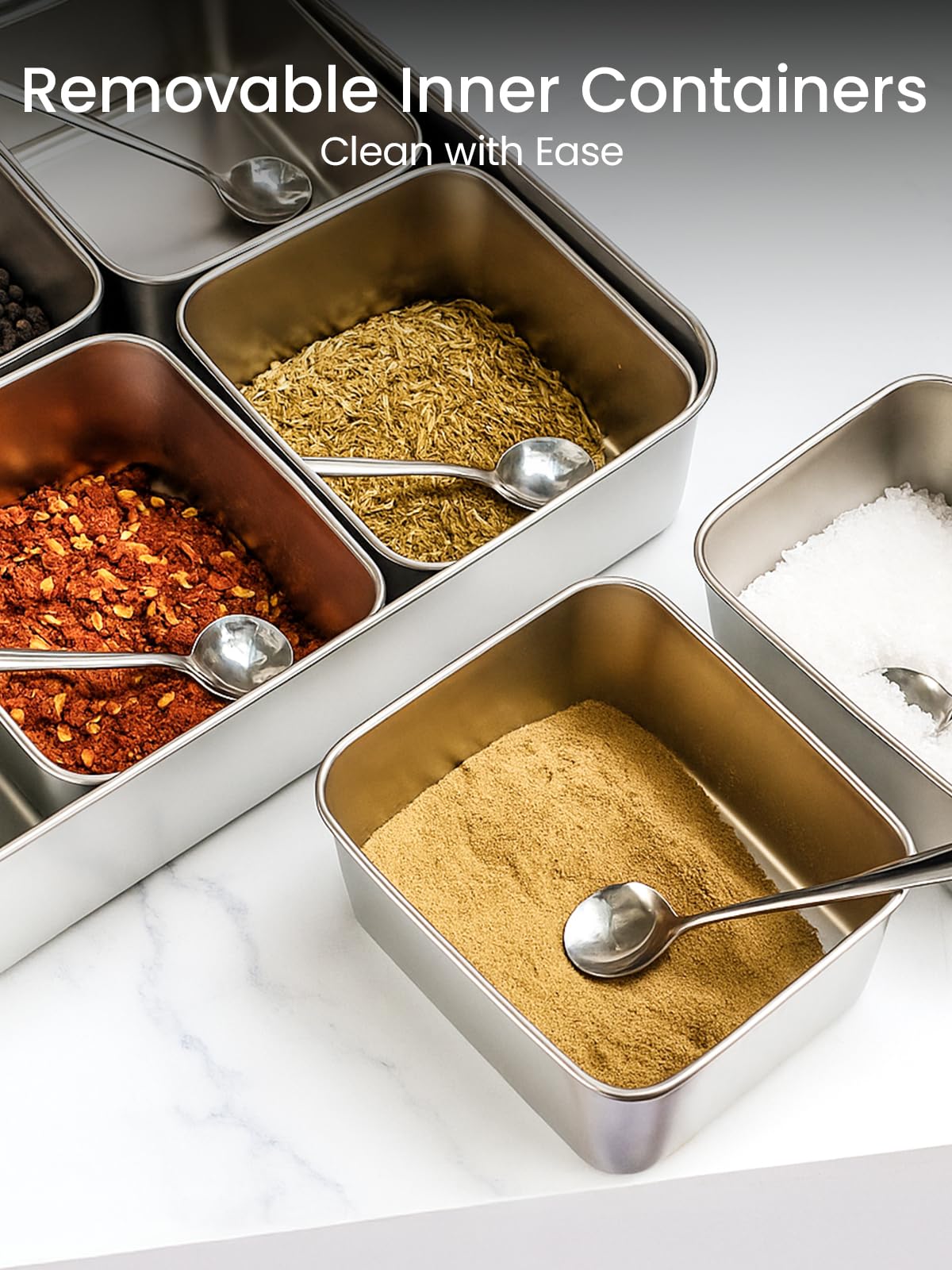 Bandeja para especias, contenedor de almacenamiento de condimentos de acero inoxidable con 8 compartimentos extraíbles, organizador de almacenamiento para condimentos de cocina del hogar con tapa y