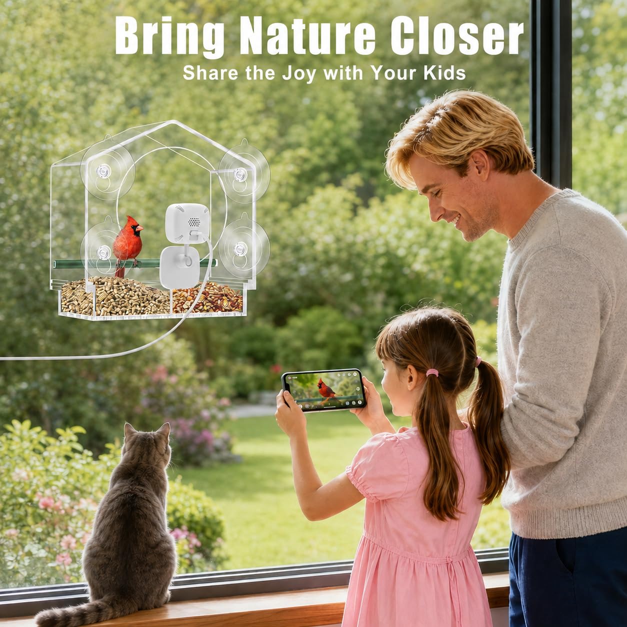 Comedero para pájaros de ventana con cámara, comedero inteligente transparente para exteriores, 2K HD Live View y AI Bird 10000+, comedero de ventana para pájaros con 6 ventosas