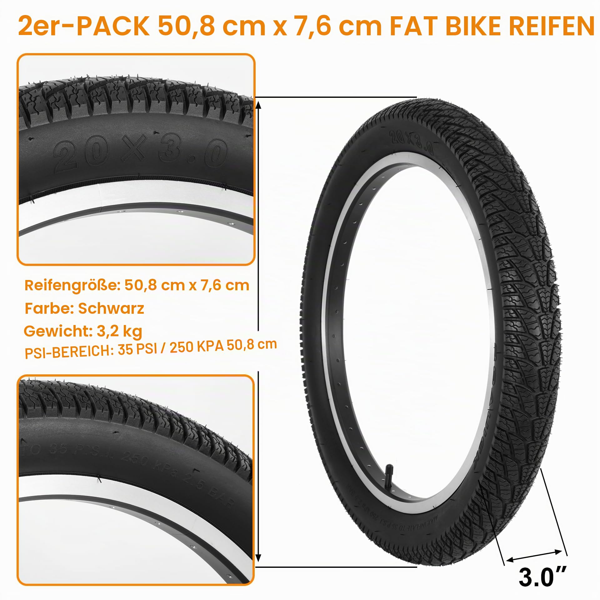 2-Pack 20x3,0 Fahrradreifen & Kammern, 20 Zoll Geländefahrradreifen, 20x3 Fahrradreifen Kammer mit Reifenheber, Faltbare Ersatzfahrradreifen für Geländefahrräder und Pedelecs(DE)