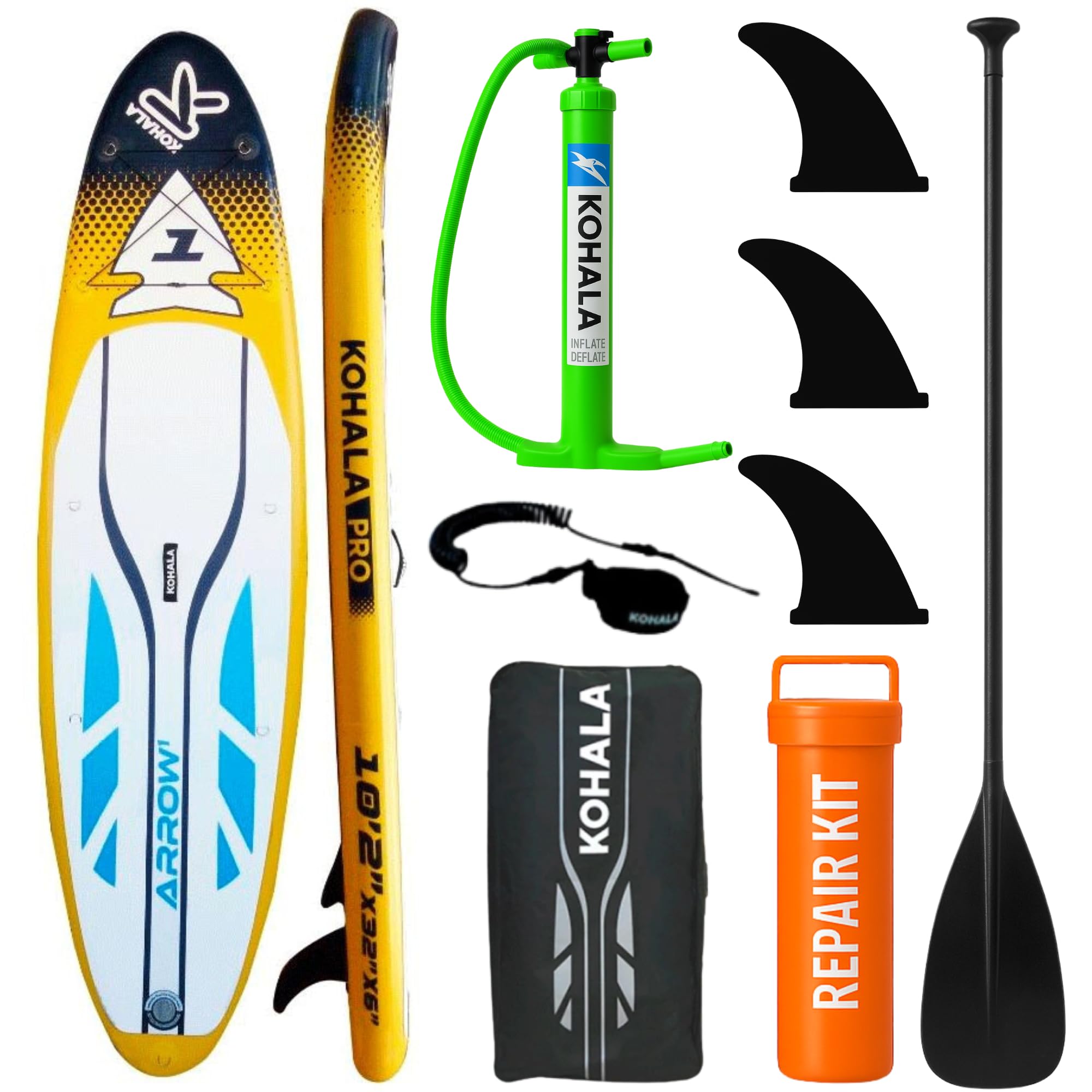 KOHALA Tabla Paddle Surf Hinchable Arrow 10’2” (310 x 81 x 15) cm | Pack Pro con Remo, Bomba Doble Acción, Mochila, Leash y Aletas | Tabla Fusion Avanzada para Adultos