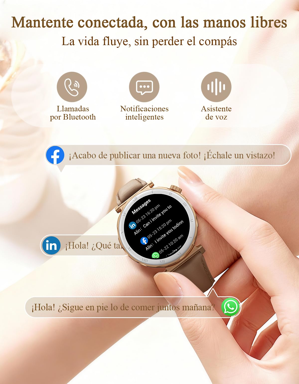 Reloj Inteligente Mujer - Elegante Pequeño, Pantalla AMOLED 1,19'' Smartwatch con Correa de Cuero, Podómetro, Pulsómetro, Sueño, IP68 Pulsera Actividad para Android iOS, Oro Rosa/Marrón