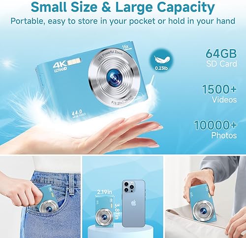 Miniatura 5 de Cámara digital para adolescentes, FHD 4K 44MP con tarjeta SD de 64 GB, zoom digital 16X, cámara compacta de disparo de punto, azul