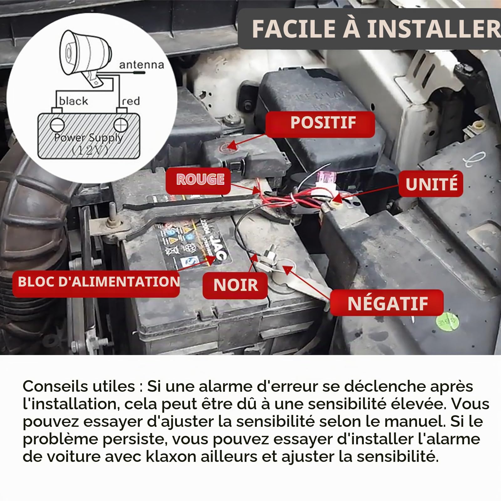 Baceyong Alarme de Voiture, klaxon de sécurité Cw-8110 120DB avec 2 télécommandes 12v DC Voiture, système de Protection de sécurité d'alarme de véhicule Universel antidémarrage Noir