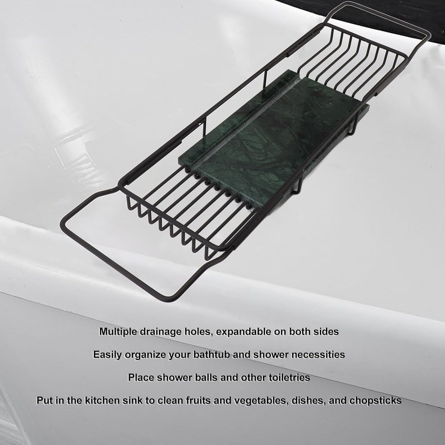 Metal Marble Bathtub Rack Anti Slip Space Saving Multi Functional Expandable Bathtub Tray House Warming Gift Stainless Steel Marble Bathroom Organizer for Shower Essentials (Black Green)