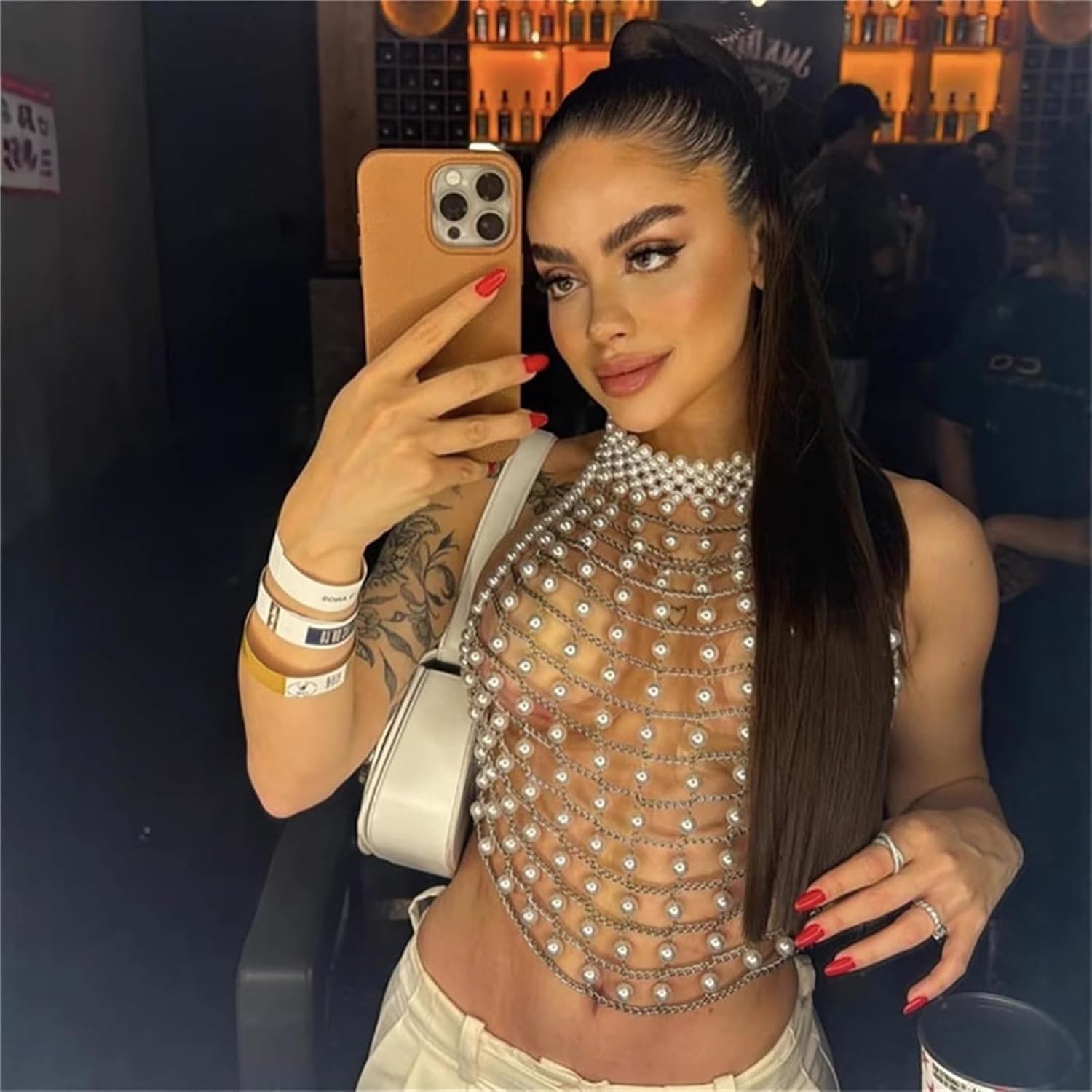 Luxury Pearl Beaded Halter Crop Top, Gold Chain Detail, White Pearl Embellished LQAB015