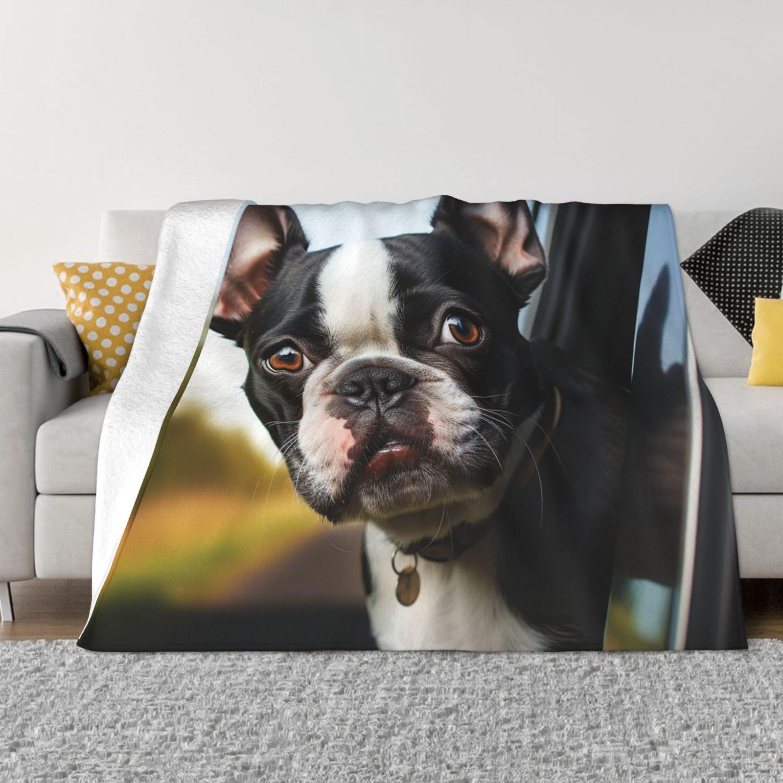 Fodpand Black Puppy Dog Boston Terrier Flannel Blanket 40"X30" - Ultra-Soft Lightweight Throw Blanket For Bed, Sofa - Luxury Air Conditioning Blankets - Cozy Warm Blankets For All Seasons