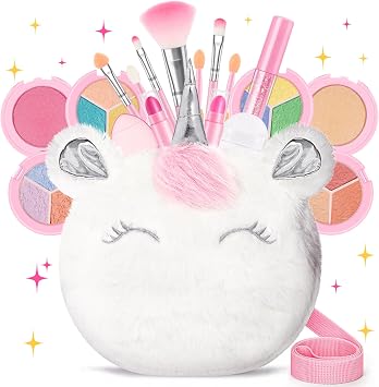 18Pcs Kids Real Makeup Kit for Girl Age 3-10 wih Fluffy Purse Unicorn White | Washable Non Toxic Make Up Toys Sets for Toddler - 18Pcs Vanity Set with Purse for Girl 3 4 5 6 7 8 Year Old Birthday Gifts