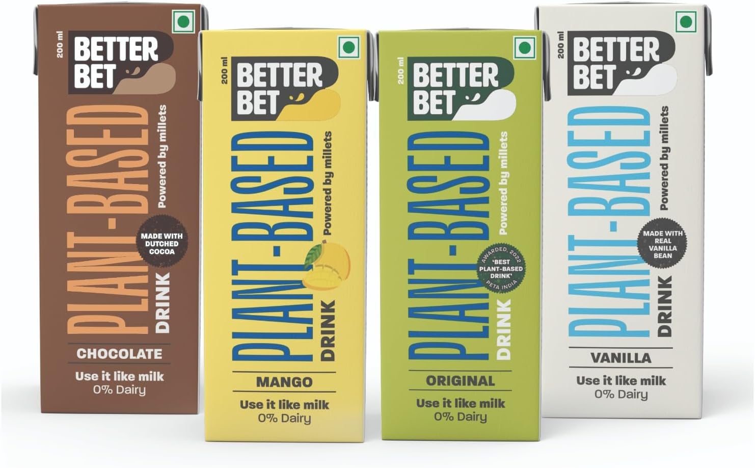 Vegan Assorted(Original, Chocolate, Vanilla & Mango) Millet Beverage 1.6L (8 X 200 ML) |Plant Based | Lactose Free | No Added Preservatives | No Cholesterol | No Trans Fat