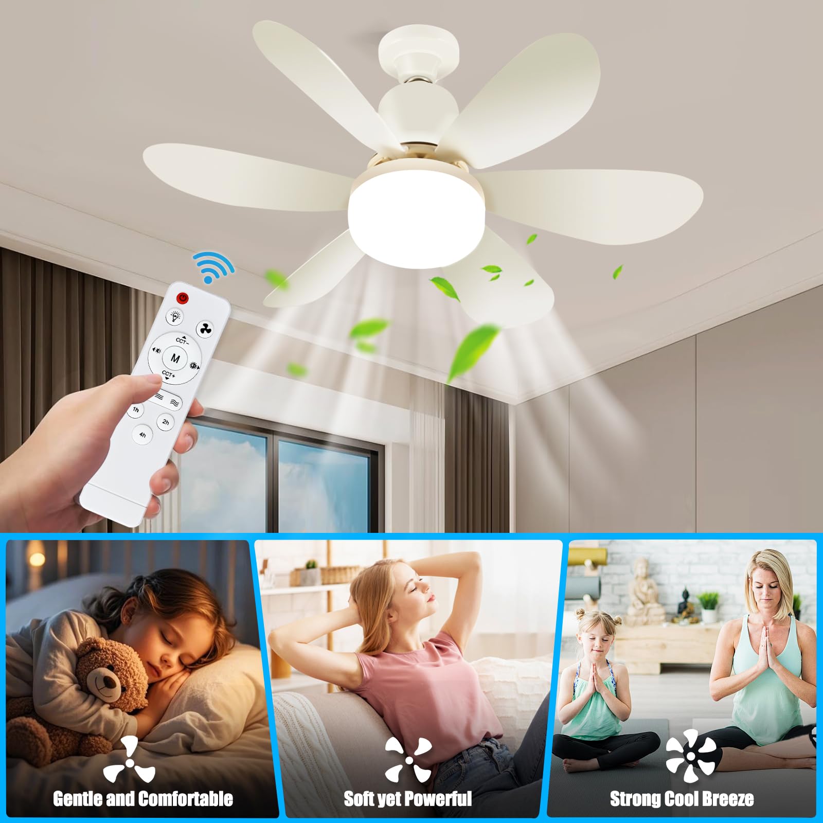 Ulikey Ventilatore da Soffitto con Luce, 40W Plafoniera Soffitto, 52CM LED Dimmerabile Ventola Soffitto, con Base E27, 3 Velocità, 6 Pale, Timer, Silenziosa, per Soggiorno, Lamera da Letto
