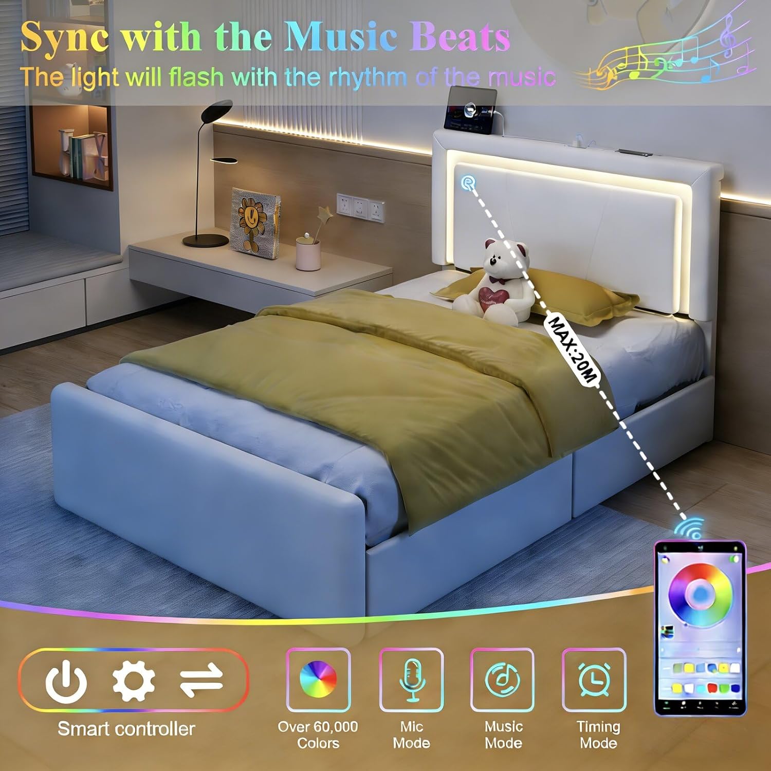 Twin Size Bed Frame with 4 Storage Drawers and LED Lights, Upholstered Platform Bed with Adjustable Headboard and Charging Station, Metal Slats Support, No Box Spring Needed,Easy Assembly, White