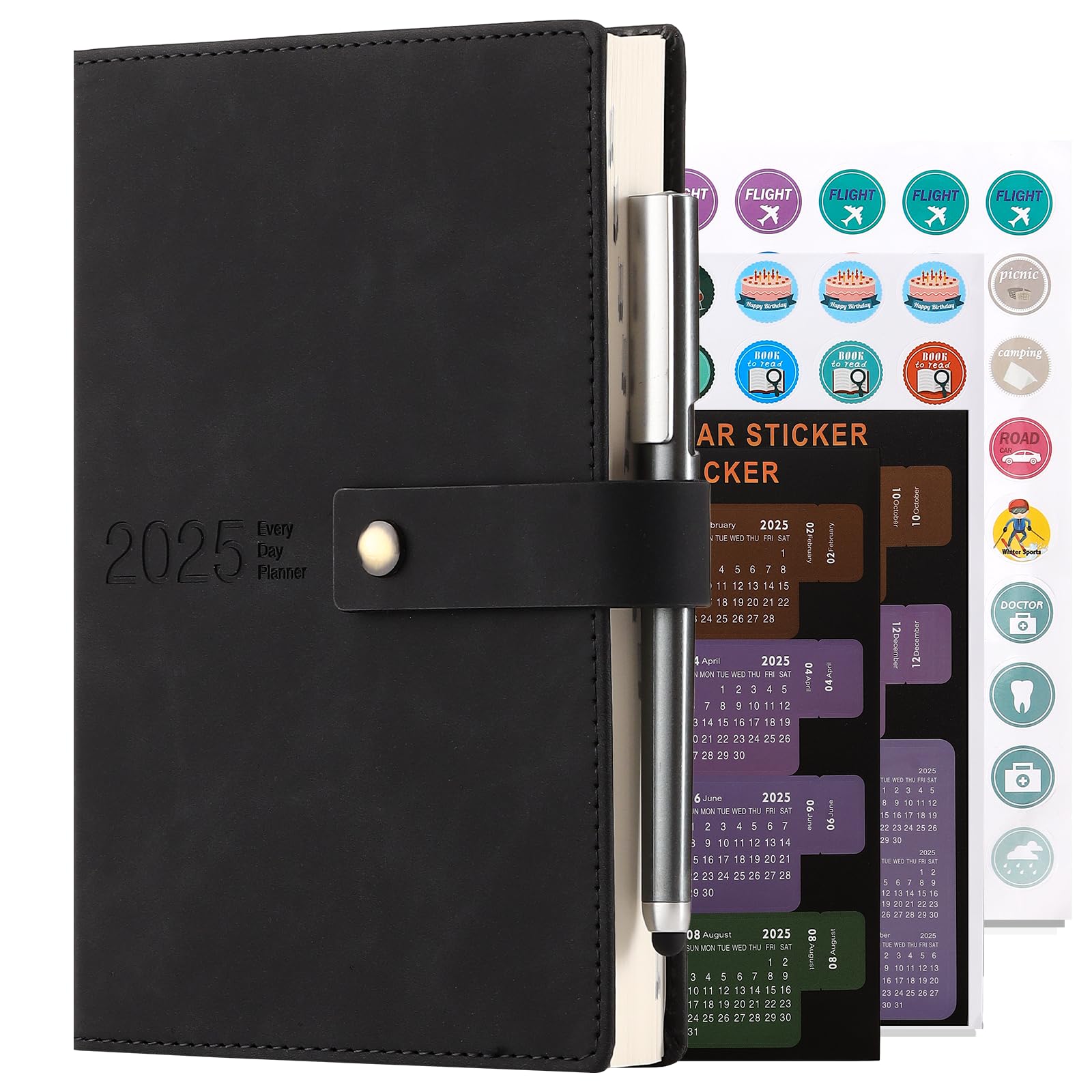 Academic Diary 2025, Daily Planner, A5 Day Per Page,Daily Diary from Jan 2025 - Dec 2025,Hard Cover Organisers Journals with Pen,Bookmark,Monthly Tabs,Stickers and Inner Pocket-14.5x21.5 cm (Black)