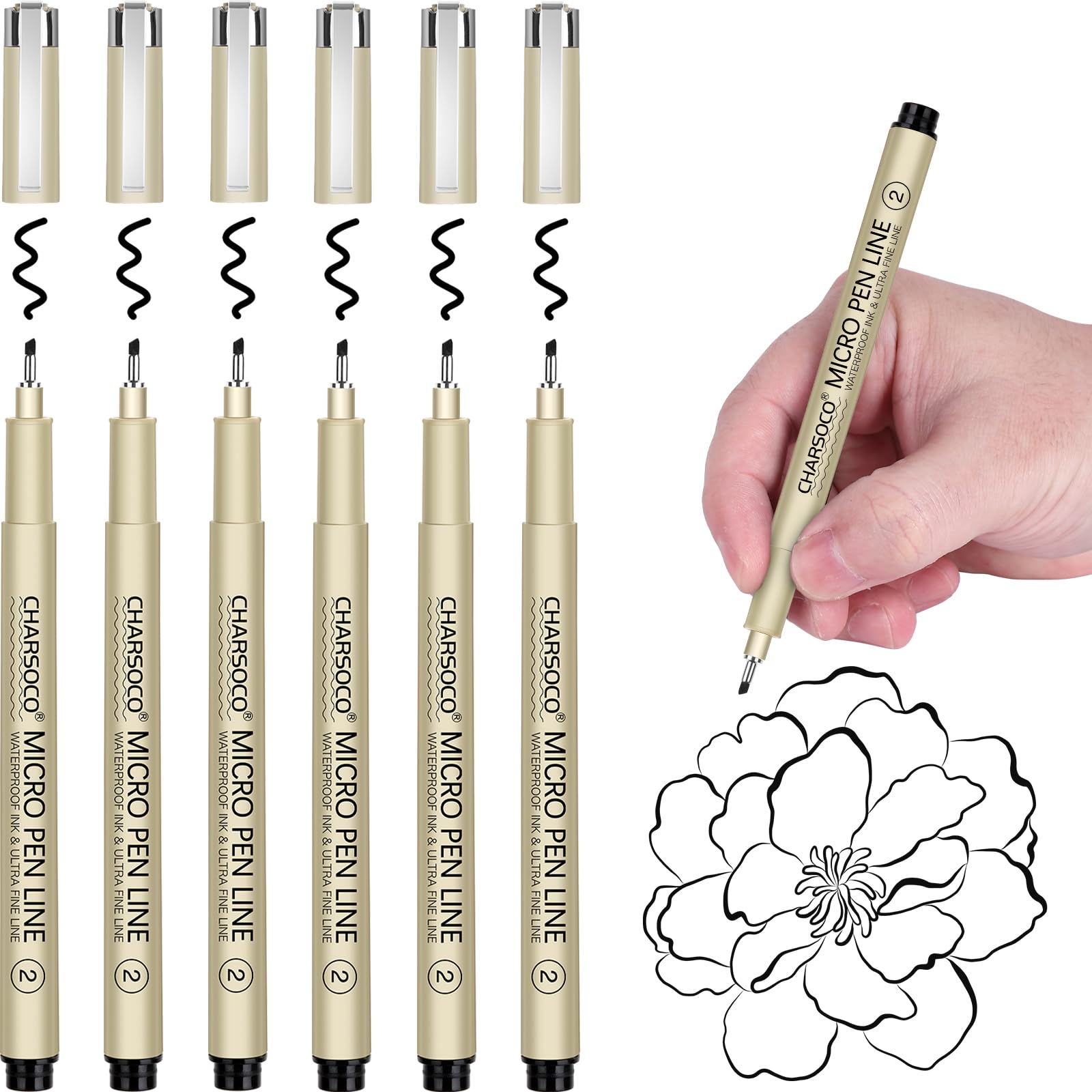 CHARSOCO 2 Micro Pen, 6 Pack Black Fine Point Pen with Waterproof Archival Ink, 2mm Fineliner Ink Pens for Artist Illustration, Sketching, Anime, Manga, Technical Drawing and Scrapbooking â image 1