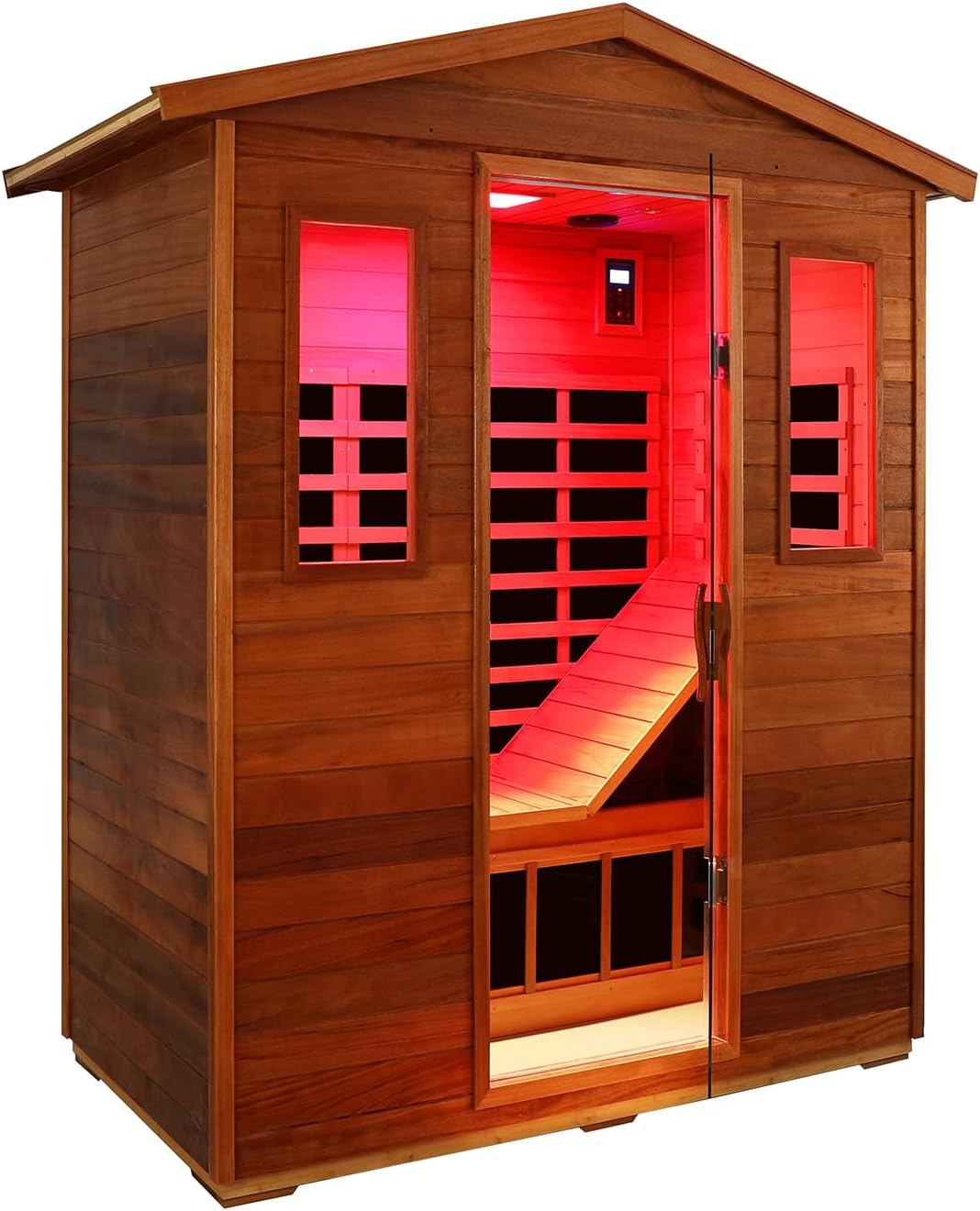 Low EMF Far Infrared Sauna for Home, Mahogany 3 Person Outdoor Infrared Sauna with Recliner, 1950w, LCD Control Panel, Bluetooth Speaker, Reading Lamp, Chromotherapy Lamp and Mid Infrared Beauty Lamp