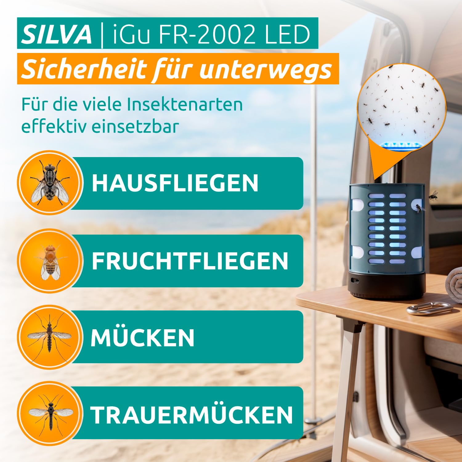 iGu 2002 LED Fliegenfalle mit Akku, USB-C und Leimtafel (2002 LED Gerat) | Für Fliegen, Fruchtfliegen und Motten – Fangreflektor, tragbar, geruchlos, für Wohnraum, Wohnmobil und Camping