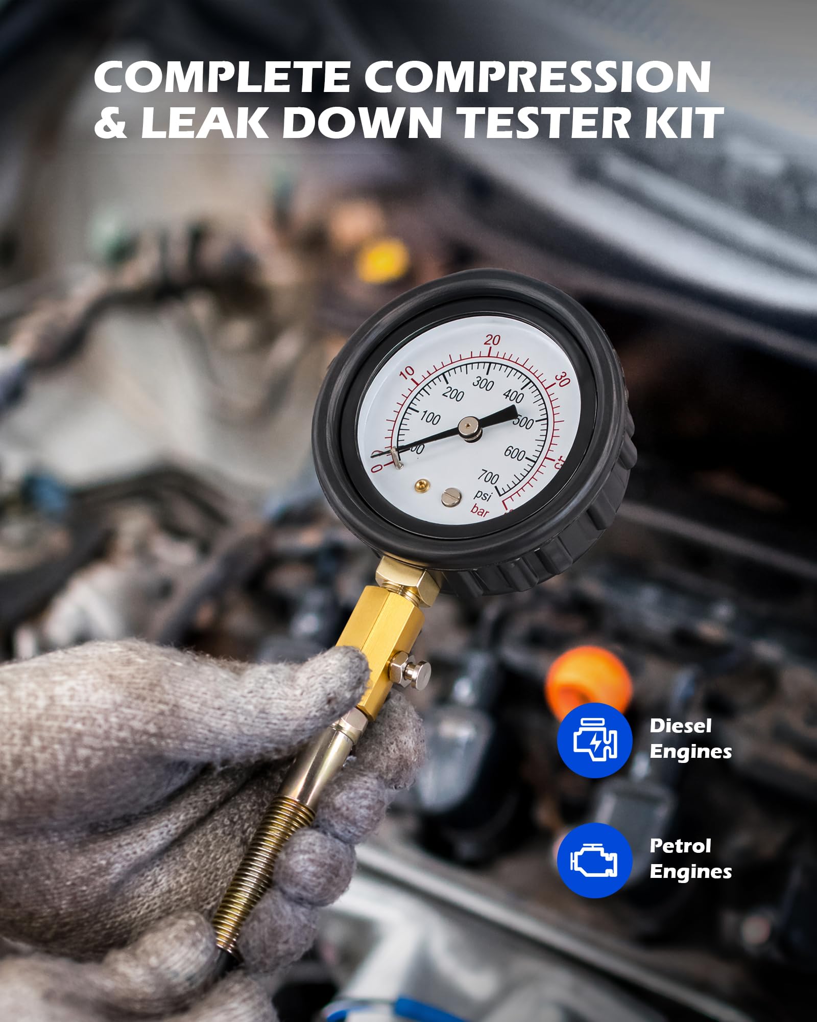 Orion Motor Tech Tester Compressione Motore 51-PZ. Kit di Prova Perdite Cilindri con Doppio Manometro Adattatori Tubi Flessibili e Attacchi Rapidi per Motori Benzina Diesel HDi TDCi e PD