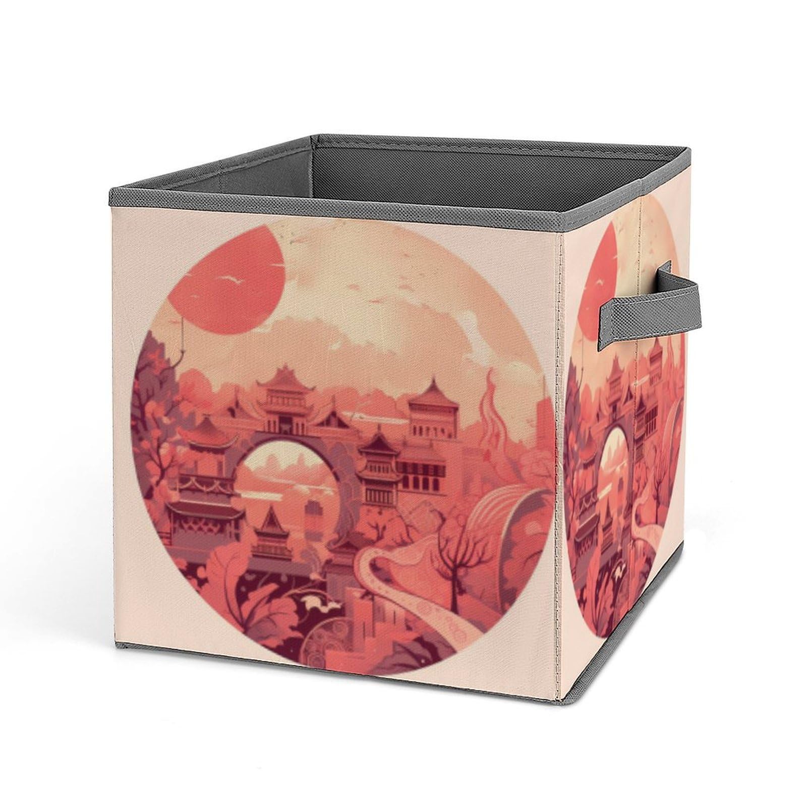 JTREHY Chinese Architectural Patterns Printed Foldable Storage Box, 10.6 Inches Fabric Storage Box for Wardrobe, Bedroom, Utility Room