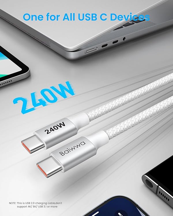 240W USB C to USB C Cable (5FT, 2-Pack), USB C to USB C Fast Charging Cable Type C Charger Cord for iPhone 17/16/ 15 Pro Max, Samsung Galaxy S25/ S24, MacBook Pro/Air, iPad Pro/Air/Mini and More by Baiwwa - Image 4