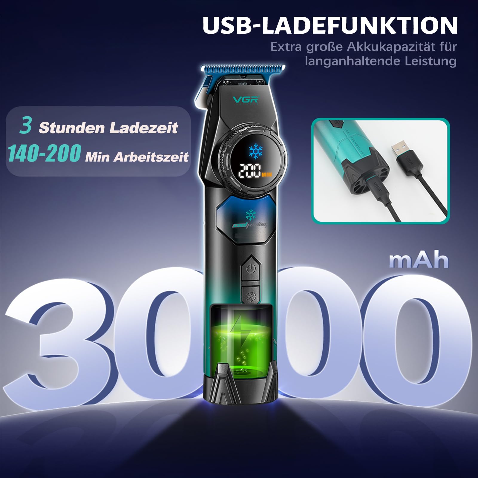 VGR 946 Haarschneidemaschine Profi für Männer, Kabelloser Trimmer Herren | Klinge Aus Blauem Keramikpulvermetallurgisch und Kühlfunktion, Haartrimmer Herren mit 8000 U/Min Motor und LED Display
