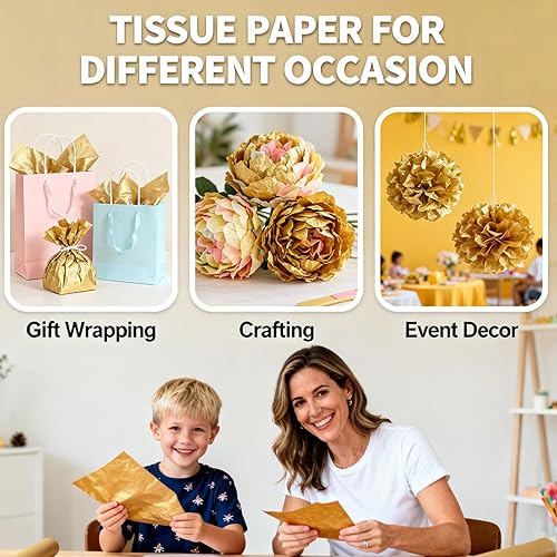 Miniatura 6 de Papel de seda dorado para bolsas de regalo, 25 hojas, 20 x 20 pulgadas, papel de regalo reciclable para Navidad, bodas, cumpleaños, decoraciones de