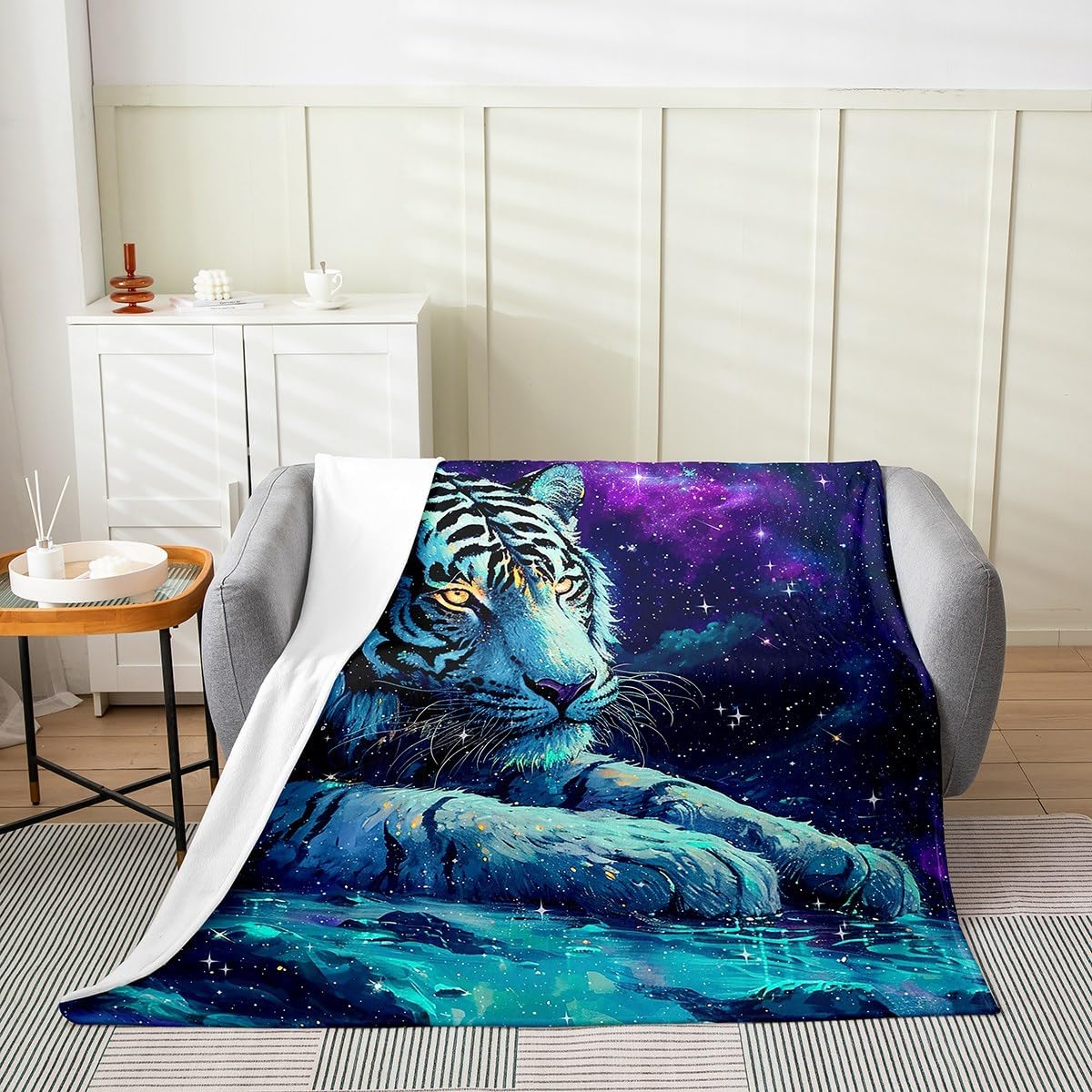 Feelyou White Tiger Flannel Fleece Throw Blanket Queen 90"x90" 3D Animal Print Plush Blanket for Kids Teens Luxury Galaxy Fuzzy Blanket Purple All Season Bed Blanket