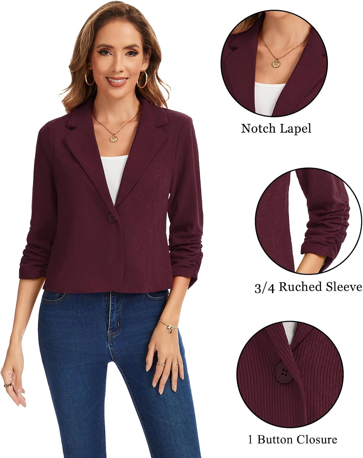 Women's Corduroy Blazers Ruched 3/4 Sleeve Notch Lapel Slim Fit Work Button Front Short Blazer Jackets - Image 3
