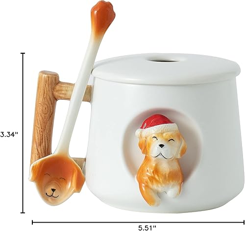 Miniatura 9 de DIHOclub Taza de café de cerámica con tapa y cuchara a juego, taza con patrón 3D Golden Retriever para té, leche y chocolate, bonita taza para los