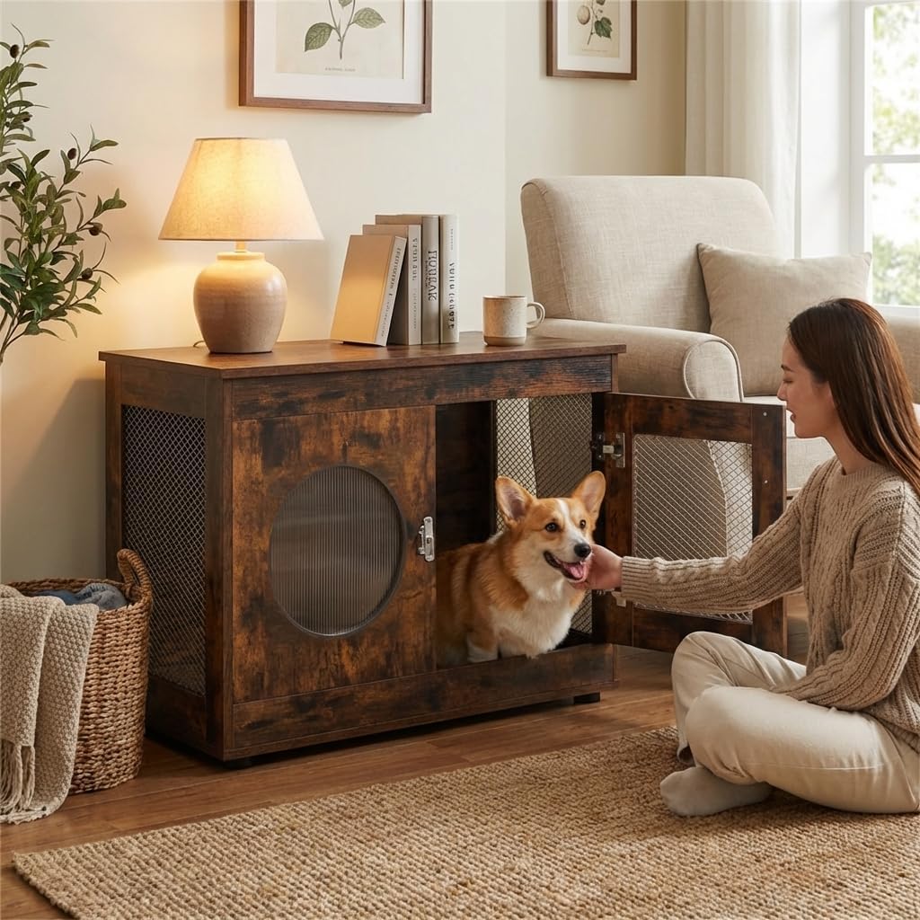 2-in-1 Dog Crate, Rustic Brown Farmhouse Style Pet Crate Dog Crate with Dog Kennel Furniture Storage Top, Wooden Dog Enclosure for Living Room, 88lbs Furniture Dog Crate Capacity, 32.5"x18.5"x23.5"