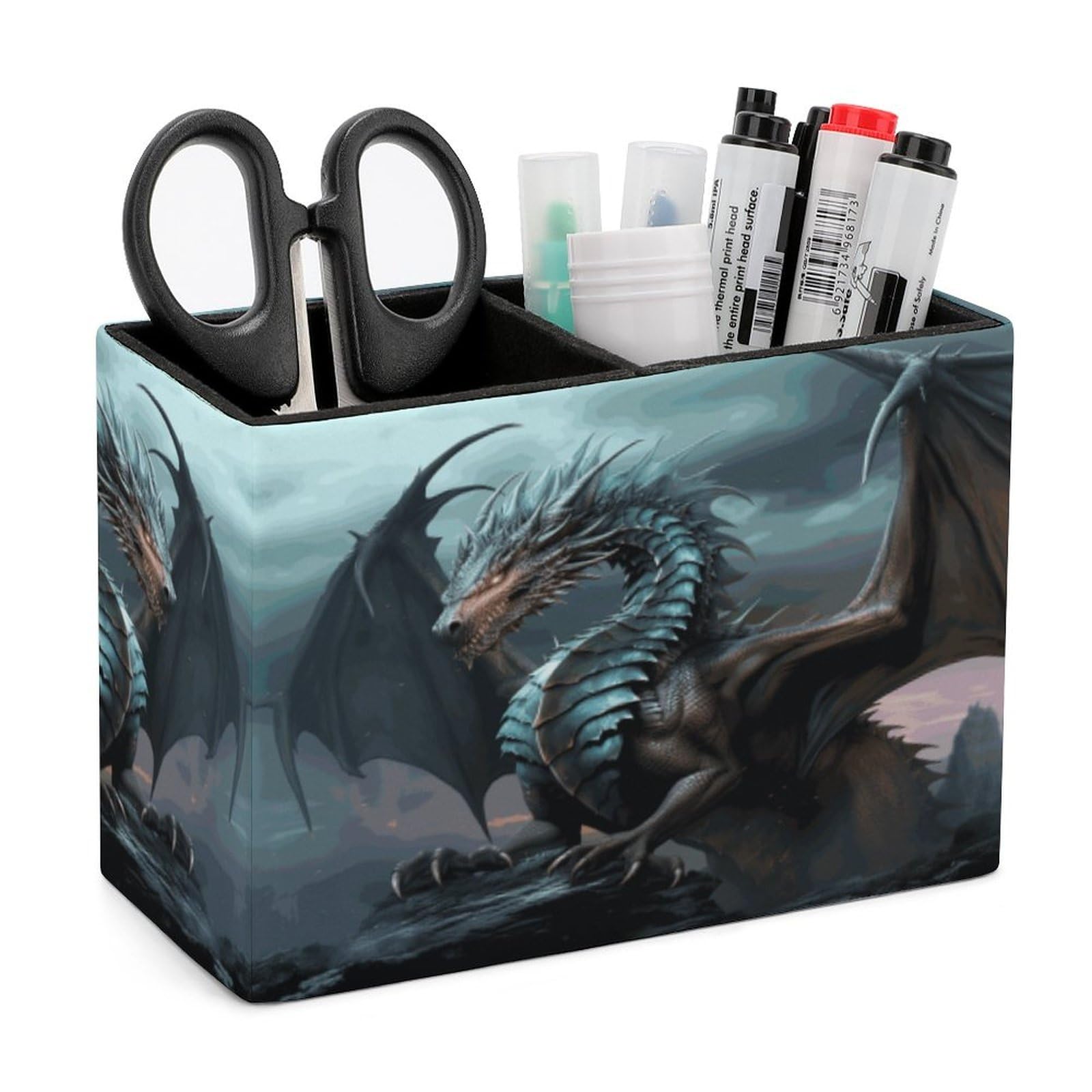 HKMNTGD Pen Holder for Desk,Cool Dragon Printed Square Leather Pencil Holder Double Compartments，Desktop Organizer Office Accessories Container Box