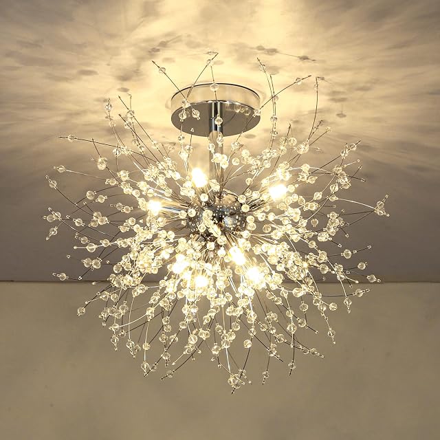 Rayofly Modern Crystal Chandeliers, Fireworks Ceiling Light, Chrome Metal Pendant Lights, 8 G9 LED Lamp, Flush Mount Lighting Fixture for Living Room, Bedroom, Dining Room, Hallway