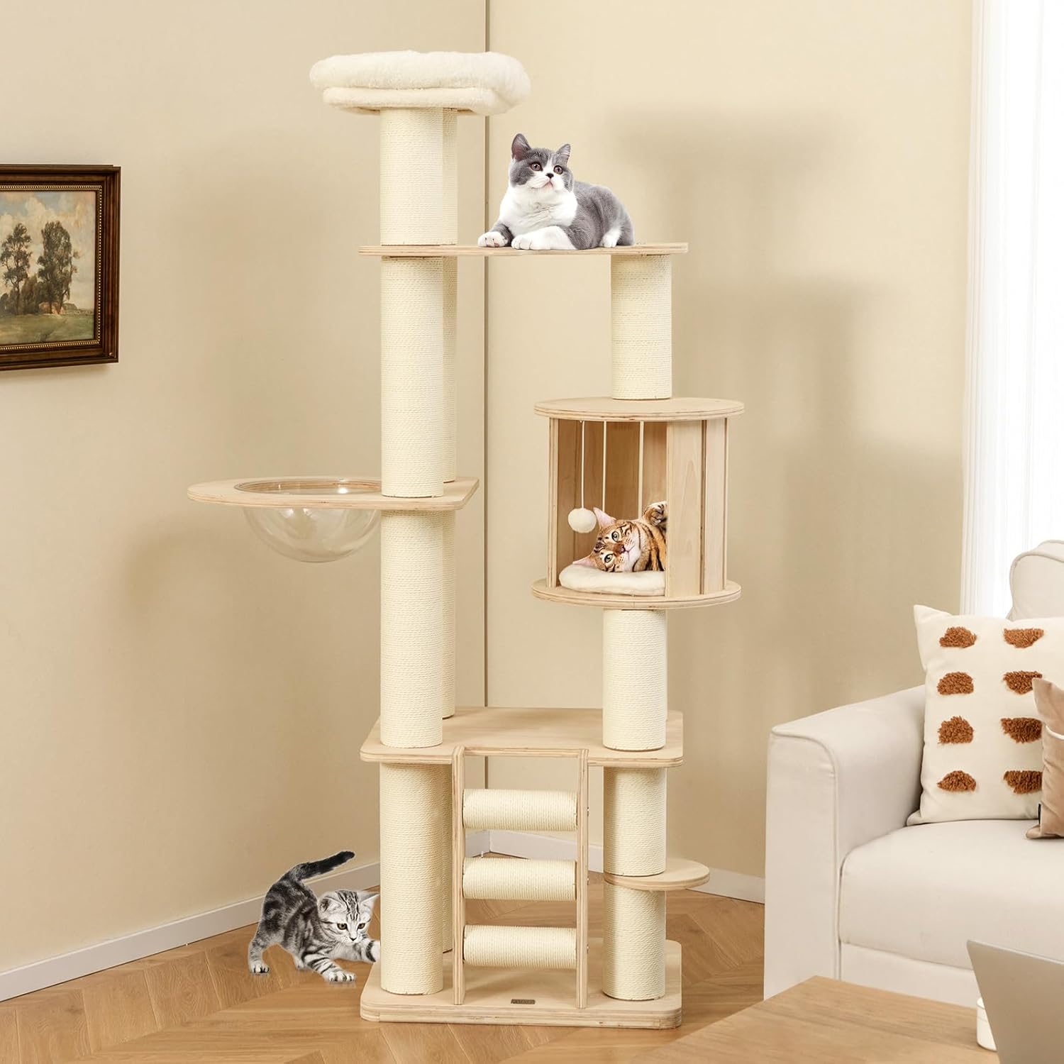 PETSITE 71 Inch Tall Wooden Cat Tree, Multi-Level Cat Tower with Scratching Posts, Cat Condo, Space Capsule, Climbing Ladder, Dangling Ball, Washable Cushions, Modern Cat Tree Tower for Indoor Cats