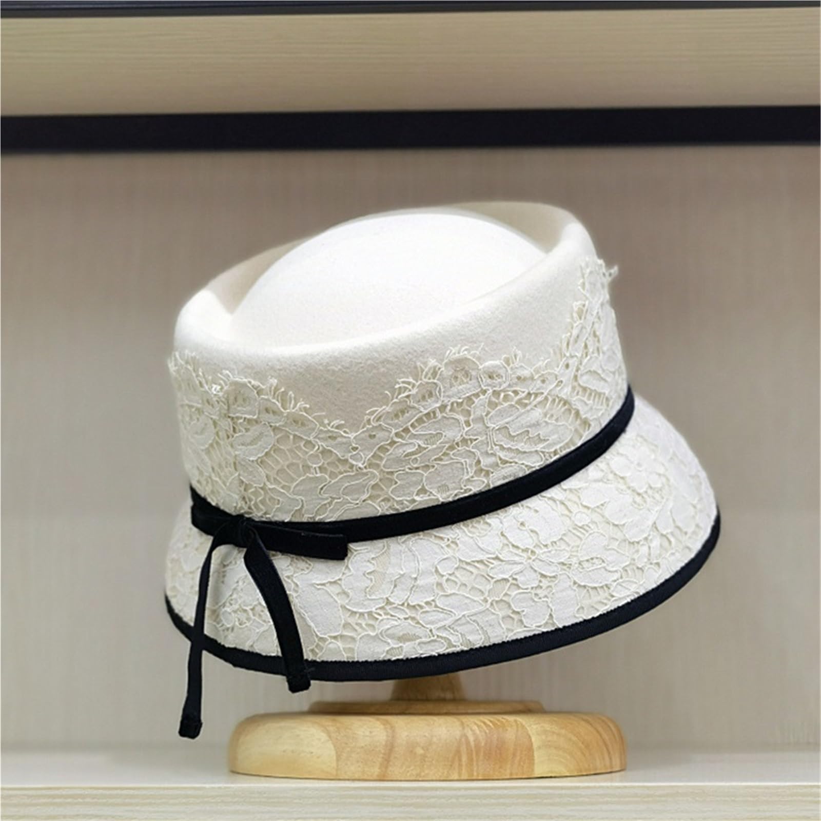 Cappello Donna Invernale Cappello a cilindro in feltro di pizzo con parte superiore concava elegante vintage Cappello da bacino a vento da donna alla moda Cappello da pescatore Cappello a cilindro all
