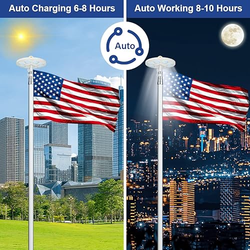 Miniatura 3 de BouPower Luz solar para mástil de bandera, 136 luces LED superbrillantes para exteriores, atardecer al amanecer, luz nocturna de bandera solar para