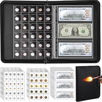 Fireproof Coin Collection Book Holder for Collectors, 300 Pockets Coin Collection Supplies & 36 Sleeves Money Storage Case, Waterproof Coin Collector Gifts, Coin Album, Bill, Pennies, Quarters, Stamp