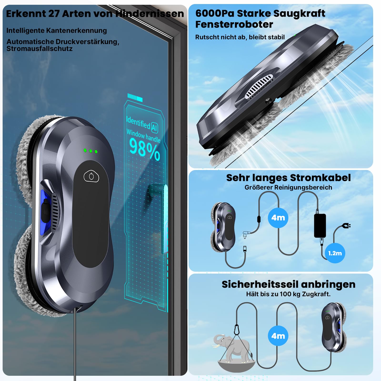 Keero Fensterputzroboter 2026 Neuheit, 6000Pa, Doppeldüsen-Sprühfunktion, <65dB, Sicherheitssystem, Intelligente Navigation, 10 Reinigungstücher, Für Fenster/Fliesen zu Hause (W22D)