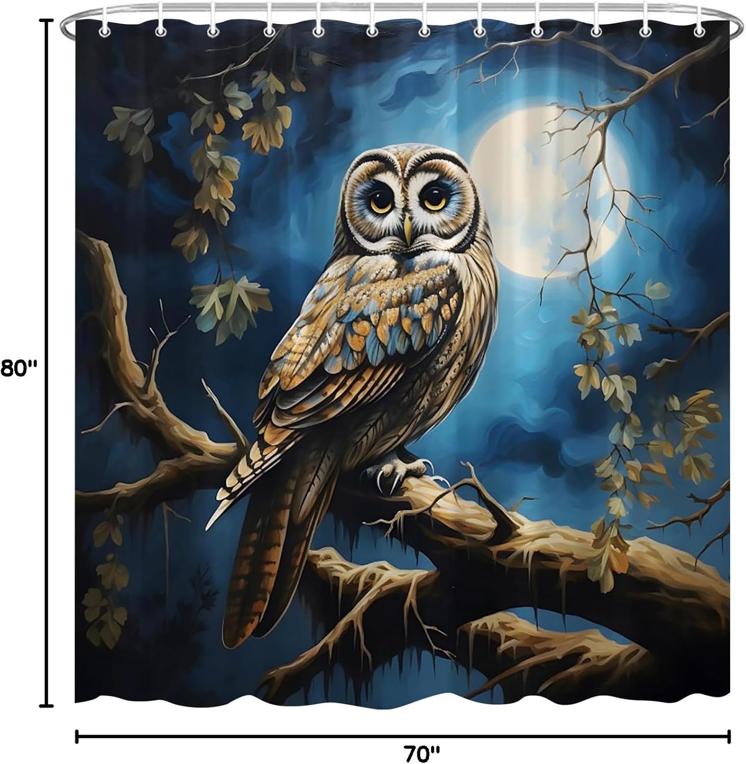 Owl Shower Curtain Wildlife Bird Full Moon Misty Forest Starry Night View Animal Llandscape Bath Decor Polyester Fabric Curtains with Hook 80X70 Inch