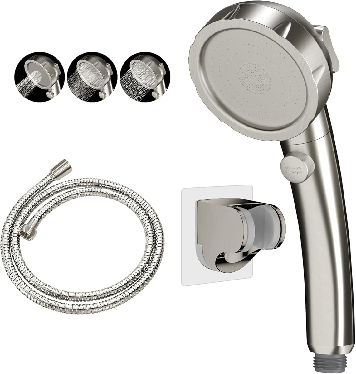 KAIYING Drill-Free High Pressure Handheld Shower Head with ON/OFF Switch, 3 Spray Modes - Brushed Nickel