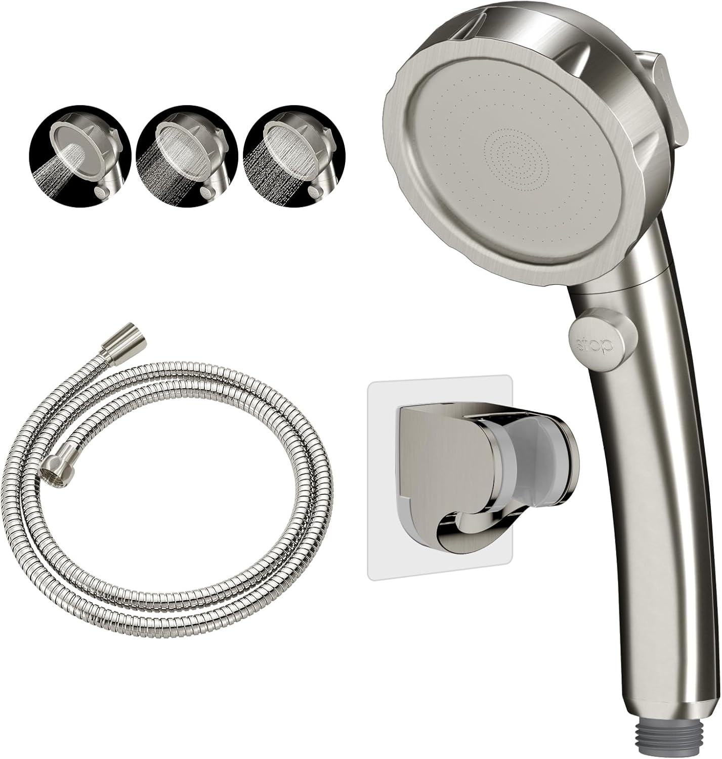 KAIYING Drill-Free High Pressure Handheld Shower Head with ON/OFF Switch, 3 Spray Modes - Brushed Nickel