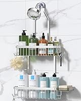 YASONIC Never Rust Aluminum Hanging Shower Caddy - 2-Tier Organizer with Hooks, Soap Holder for Razor & Essentials, Bright Silver