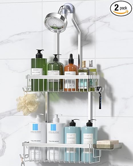 YASONIC Shower Caddy Hanging, Never Rust Shower Organizer Hanging, Aluminum Shower Racks for Inside Shower with Hooks for Razor, Bathroom Organizers and Storage with Soap Holder, Bright Silver