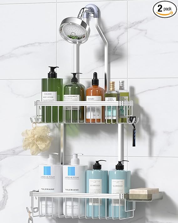 YASONIC Shower Caddy Hanging, Never Rust Shower Organizer Hanging, Aluminum Shower Racks for Inside Shower with Hooks for Razor, Bathroom Organizers and Storage with Soap Holder, Bright Silver