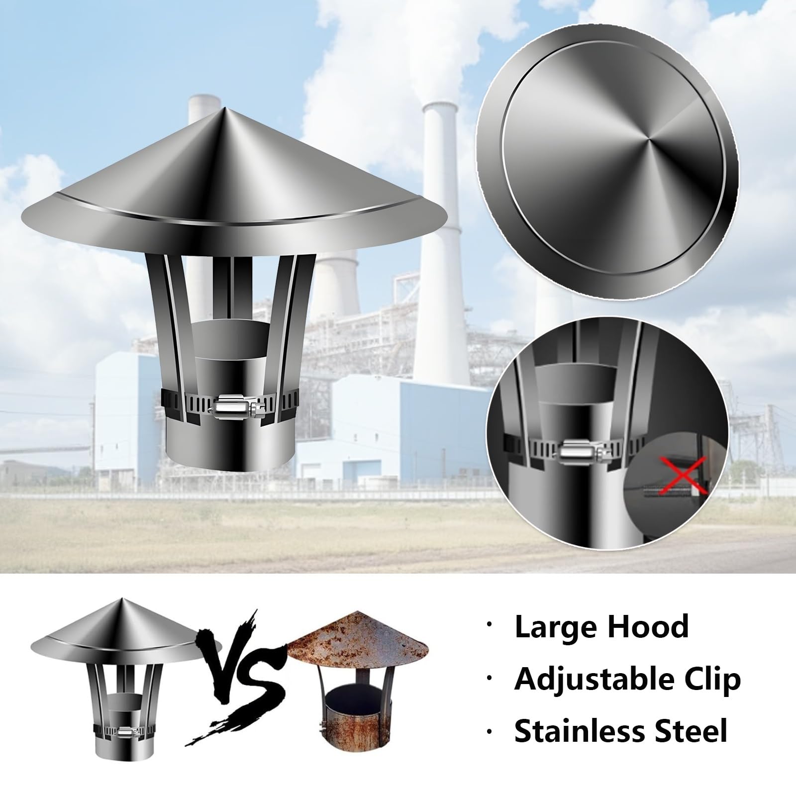 Tapa de chimenea de acero inoxidable de 50 mm y 200 mm, campana de ventilación resistente a la intemperie, uso en exteriores (170 mm / 6.7in), cubierta de chimenea duradera resistente al óxido para