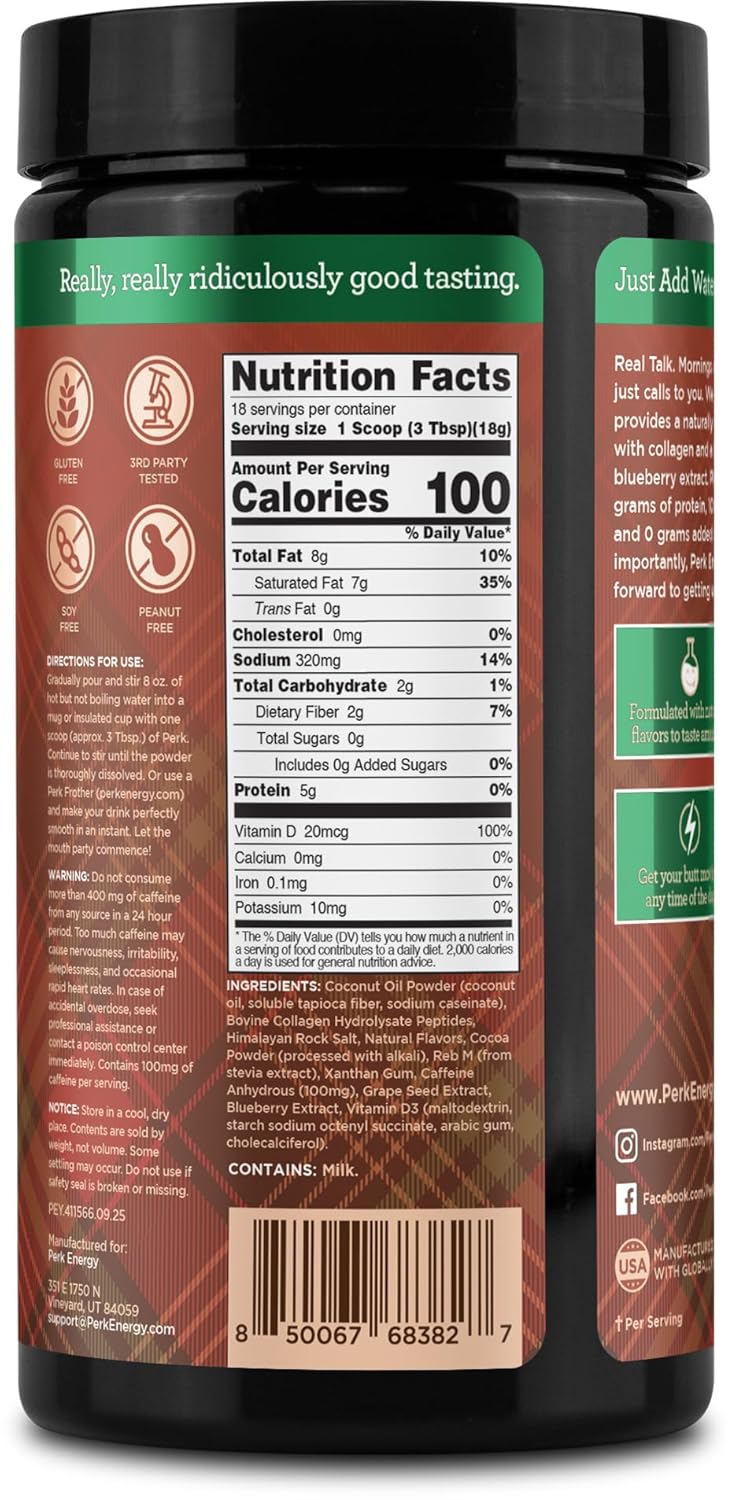 Perk Energy Lactose-Free Drink Mix (English Toffee) 18 Servings - Holiday Edition - Caffeinated Healthy Coffee Alternative with Protein, 100mg of Caffeine, Gluten-Free, Soy-Free, Peanut-Free
