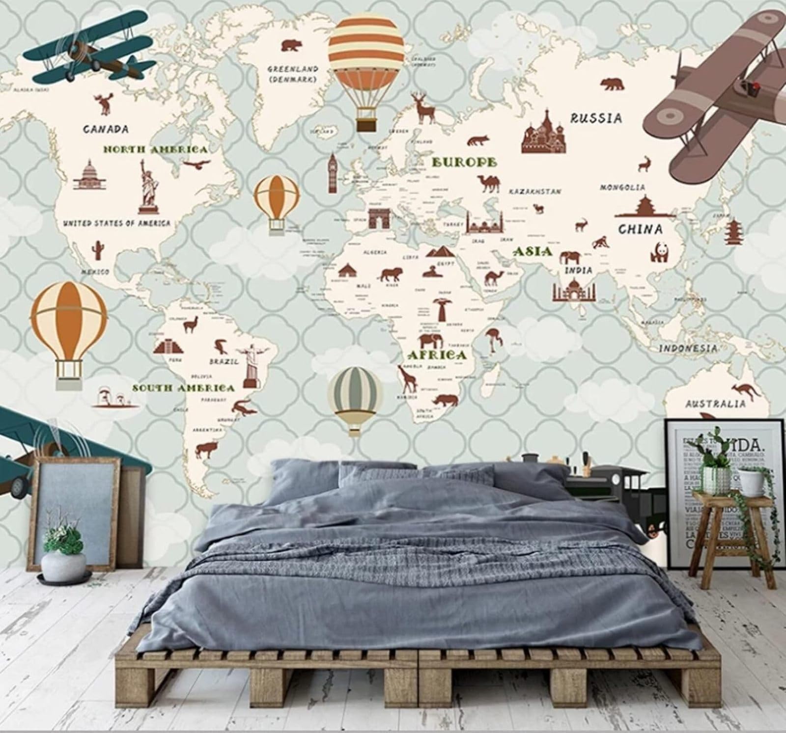 XLMING Cartoons Animals Aeroplanes Hot Air Balloons World Map 3D Wallpaper Luxury Home Dining Decor Paste Sofa Living Room The Wall for Bedroom Mural-300cm×210cm