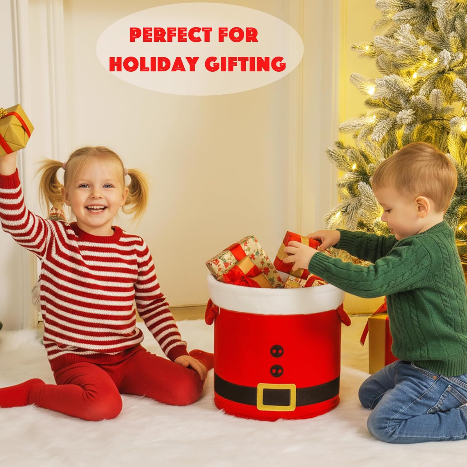 Christmas Bucket Xmas Buckets Red Santa Belt Round Basket with Handles, Christmas Game Ornaments Storage Tins Gift Basket Empty Decorative Kitchen Candy Bars for Xmas Winter Holidays Party Favors