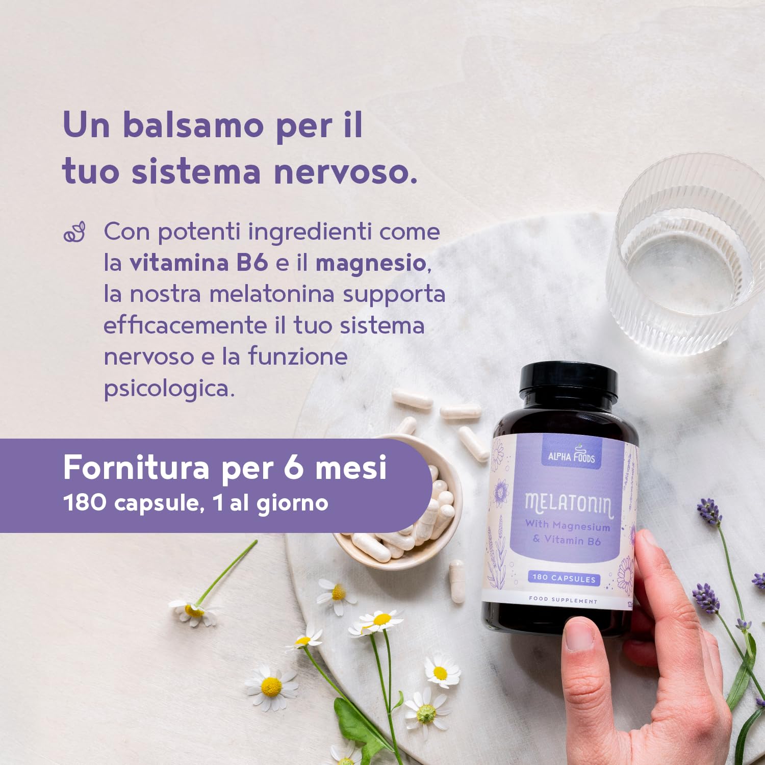 Melatonina 0,5 mg | 180 Capsule | Integratore Sonno con Magnesio, L-Triptofano, Passiflora, Lavanda, Camomilla e Vitamina B6 | per dormire e Jet Lag | Favorisce il Rilassamento | Alpha Foods