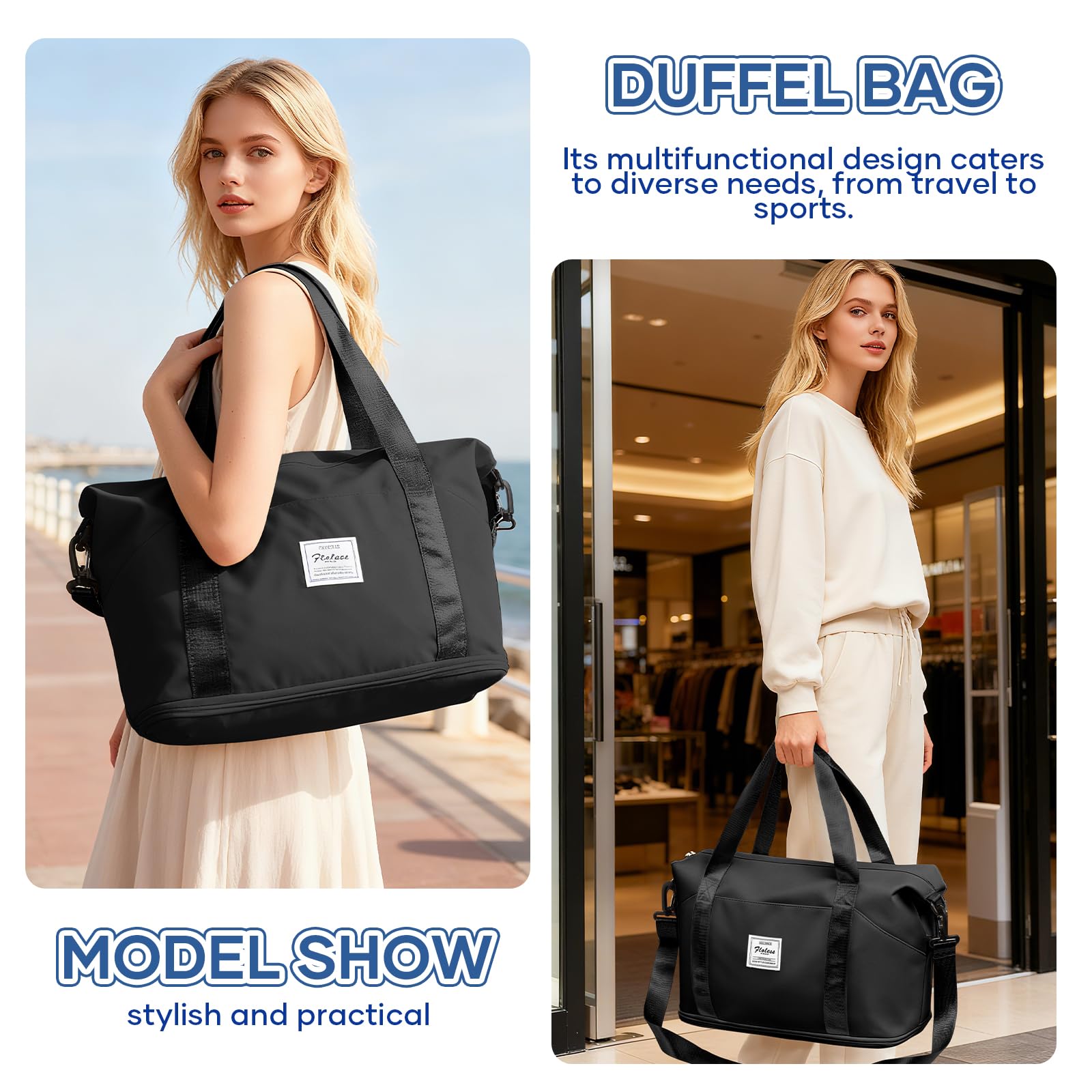 SEAFEW Sac de Voyage 40x30x20 Femme Sac fourre-Tout de Sport Imperméable pour Week-End, Cabine Avion Ryanair Bagage Cabine Easyjet Extensible pour Travel Gym Danse,J1-Noir
