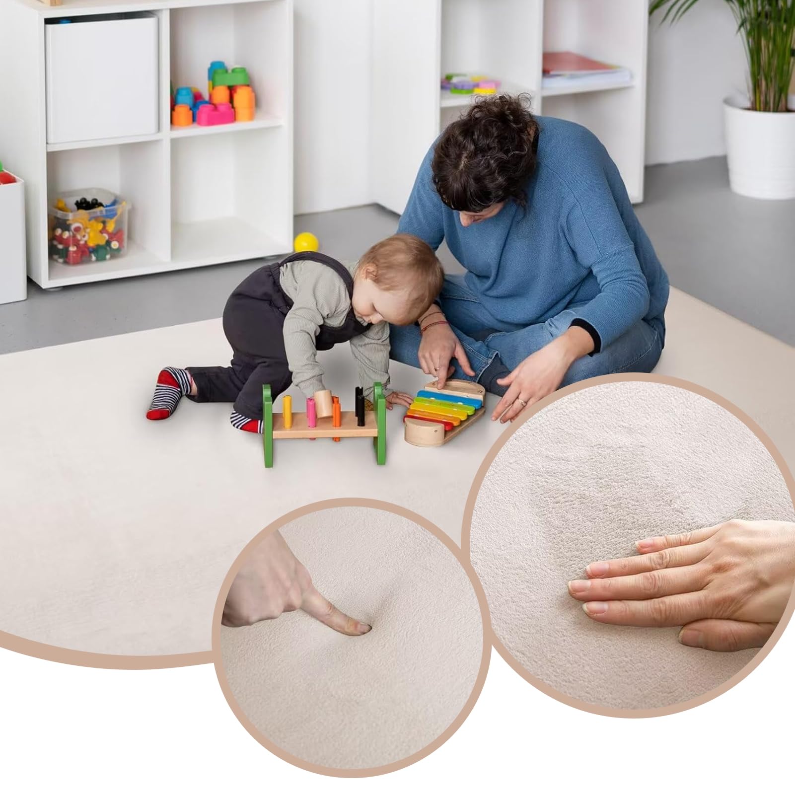 Gruba antypoślizgowa mata dla niemowląt, Duża koralowa welurowa, Mata do zabawy dla niemowląt, Dywan do raczkowania wypełniona gąbką 120 x 120 cm beż